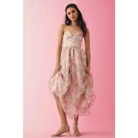 navy blue dress for baby girl ML MONIQUE LHUILLIER Strapless Sweetheart Organza Pink Floral A-Line Dress  10